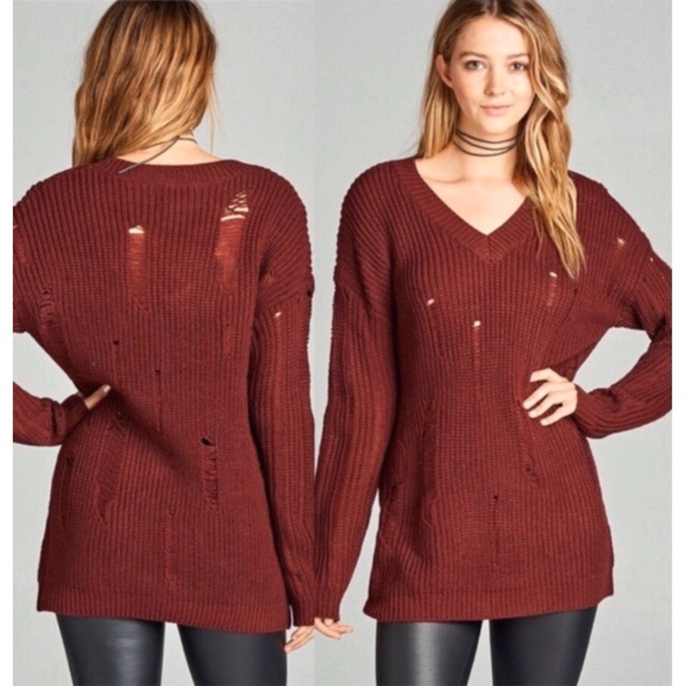 New, Boutique Distressed Knit V-neck Sweater
